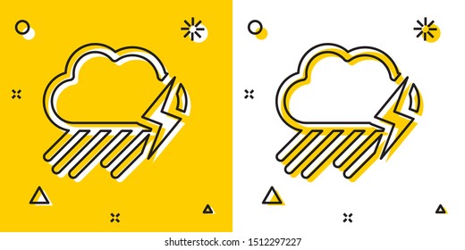 Black Cloud with rain and lightning icon isolated on yellow and white background. Rain cloud precipitation with rain drops.Weather icon of storm. Random dynamic shapes. Vector Illustration