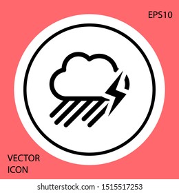 Black Cloud with rain and lightning icon isolated on red background. Rain cloud precipitation with rain drops.Weather icon of storm. White circle button. Vector Illustration