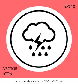 Black Cloud with rain and lightning icon isolated on red background. Rain cloud precipitation with rain drops.Weather icon of storm. White circle button. Vector Illustration