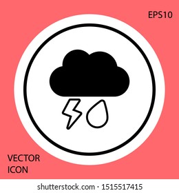 Black Cloud with rain and lightning icon isolated on red background. Rain cloud precipitation with rain drops.Weather icon of storm. White circle button. Vector Illustration