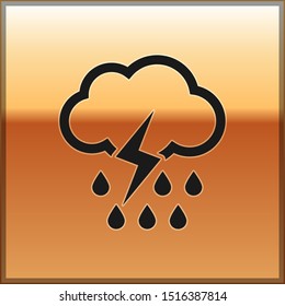 Black Cloud with rain and lightning icon isolated on gold background. Rain cloud precipitation with rain drops.Weather icon of storm.  Vector Illustration