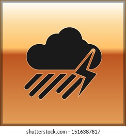 Black Cloud with rain and lightning icon isolated on gold background. Rain cloud precipitation with rain drops.Weather icon of storm.  Vector Illustration