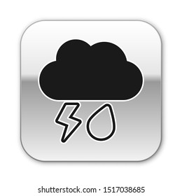 Black Cloud with rain and lightning icon isolated on white background. Rain cloud precipitation with rain drops.Weather icon of storm. Silver square button. Vector Illustration