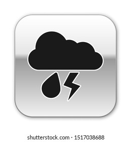 Black Cloud with rain and lightning icon isolated on white background. Rain cloud precipitation with rain drops.Weather icon of storm. Silver square button. Vector Illustration