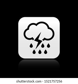 Black Cloud with rain and lightning icon isolated on black background. Rain cloud precipitation with rain drops.Weather icon of storm. Silver square button. Vector Illustration