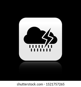 Black Cloud with rain and lightning icon isolated on black background. Rain cloud precipitation with rain drops.Weather icon of storm. Silver square button. Vector Illustration