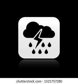 Black Cloud with rain and lightning icon isolated on black background. Rain cloud precipitation with rain drops.Weather icon of storm. Silver square button. Vector Illustration
