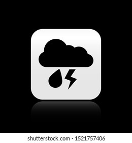 Black Cloud with rain and lightning icon isolated on black background. Rain cloud precipitation with rain drops.Weather icon of storm. Silver square button. Vector Illustration