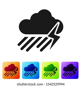 Black Cloud with rain and lightning icon isolated on white background. Rain cloud precipitation with rain drops.Weather icon of storm. Set icons in color square buttons. Vector Illustration