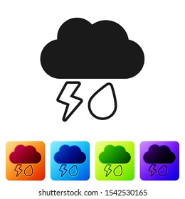 Black Cloud with rain and lightning icon isolated on white background. Rain cloud precipitation with rain drops.Weather icon of storm. Set icons in color square buttons. Vector Illustration