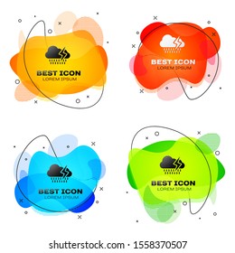 Black Cloud with rain and lightning icon isolated on white background. Rain cloud precipitation with rain drops.Weather icon of storm. Set abstract banner with liquid shapes. Vector Illustration