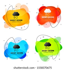 Black Cloud with rain and lightning icon isolated on white background. Rain cloud precipitation with rain drops.Weather icon of storm. Set abstract banner with liquid shapes. Vector Illustration