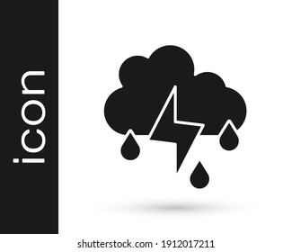 Black Cloud with rain and lightning icon isolated on white background. Rain cloud precipitation with rain drops.Weather icon of storm.  Vector
