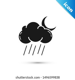 Black Cloud with rain and moon icon isolated on white background. Rain cloud precipitation with rain drops.  Vector Illustration