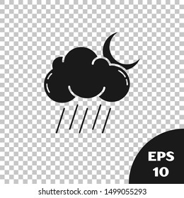 Black Cloud with rain and moon icon isolated on transparent background. Rain cloud precipitation with rain drops.  Vector Illustration