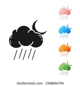 Black Cloud with rain and moon icon isolated on white background. Rain cloud precipitation with rain drops. Set icons colorful. Vector Illustration