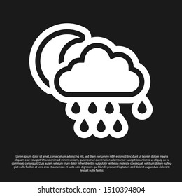 Black Cloud with rain and moon icon isolated on black background. Rain cloud precipitation with rain drops.  Vector Illustration
