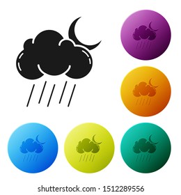 Black Cloud with rain and moon icon isolated on white background. Rain cloud precipitation with rain drops. Set icons colorful circle buttons. Vector Illustration