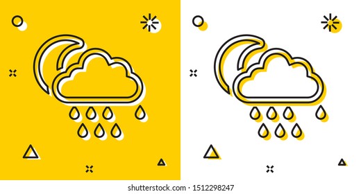 Black Cloud with rain and moon icon isolated on yellow and white background. Rain cloud precipitation with rain drops. Random dynamic shapes. Vector Illustration