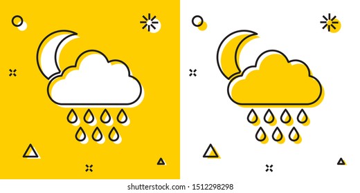 Black Cloud with rain and moon icon isolated on yellow and white background. Rain cloud precipitation with rain drops. Random dynamic shapes. Vector Illustration