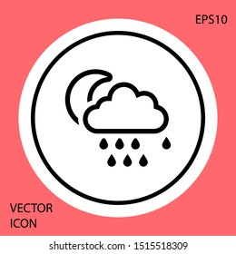 Black Cloud with rain and moon icon isolated on red background. Rain cloud precipitation with rain drops. White circle button. Vector Illustration