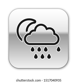 Black Cloud with rain and moon icon isolated on white background. Rain cloud precipitation with rain drops. Silver square button. Vector Illustration