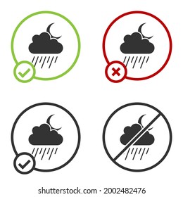 Nube Negra con icono de lluvia y luna aislada en fondo blanco. Precipitación de nubes de lluvia con caídas de lluvia. Botón Círculo. Vector