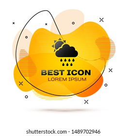 Black Cloud with rain and sun icon isolated on white background. Rain cloud precipitation with rain drops. Abstract banner with liquid shapes. Vector Illustration
