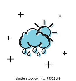 Black Cloud with rain and sun icon isolated on white background. Rain cloud precipitation with rain drops.  Vector Illustration