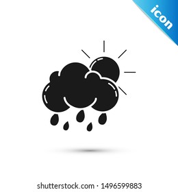 Black Cloud with rain and sun icon isolated on white background. Rain cloud precipitation with rain drops.  Vector Illustration