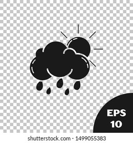 Black Cloud with rain and sun icon isolated on transparent background. Rain cloud precipitation with rain drops.  Vector Illustration