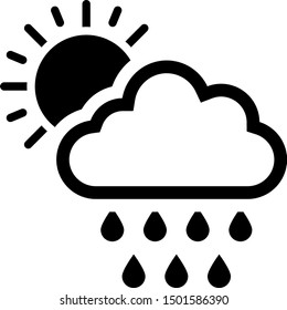 Black Cloud with rain and sun icon isolated on white background. Rain cloud precipitation with rain drops.  Vector Illustration