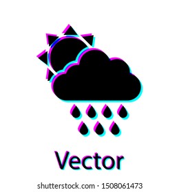 Black Cloud with rain and sun icon isolated on white background. Rain cloud precipitation with rain drops.  Vector Illustration