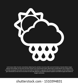 Black Cloud with rain and sun icon isolated on black background. Rain cloud precipitation with rain drops.  Vector Illustration