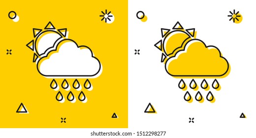 Black Cloud with rain and sun icon isolated on yellow and white background. Rain cloud precipitation with rain drops. Random dynamic shapes. Vector Illustration