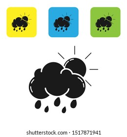 Black Cloud with rain and sun icon isolated on white background. Rain cloud precipitation with rain drops. Set icons colorful square buttons. Vector Illustration