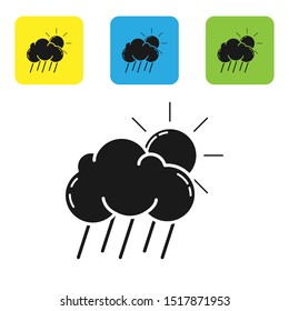 Black Cloud with rain and sun icon isolated on white background. Rain cloud precipitation with rain drops. Set icons colorful square buttons. Vector Illustration