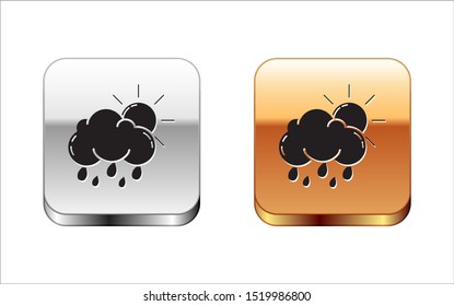 Black Cloud with rain and sun icon isolated on white background. Rain cloud precipitation with rain drops. Silver-gold square button. Vector Illustration