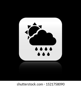 Black Cloud with rain and sun icon isolated on black background. Rain cloud precipitation with rain drops. Silver square button. Vector Illustration