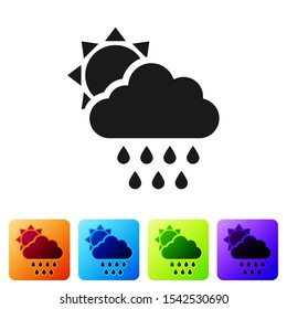 Black Cloud with rain and sun icon isolated on white background. Rain cloud precipitation with rain drops. Set icons in color square buttons. Vector Illustration