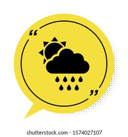 Black Cloud with rain and sun icon isolated on white background. Rain cloud precipitation with rain drops. Yellow speech bubble symbol. Vector Illustration