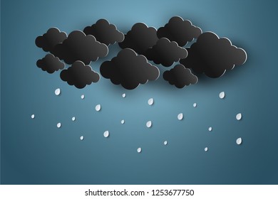 Black cloud and rainy sky dark background with heavy rain concept.Paper art style.