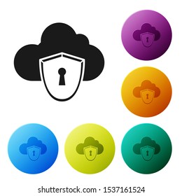 Black Cloud and shield icon isolated on white background. Cloud storage data protection. Security, safety, protection, privacy concept. Set icons colorful circle buttons. Vector Illustration