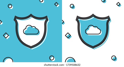 Black Cloud and shield icon isolated on blue and white background. Cloud storage data protection. Security, safety, protection, privacy concept. Random dynamic shapes. Vector Illustration
