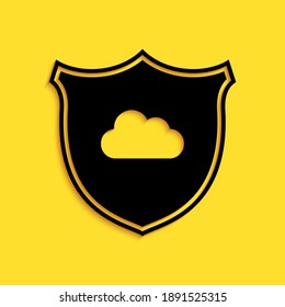 Black Cloud and shield icon isolated on yellow background. Cloud storage data protection. Security, safety, protection, privacy concept. Long shadow style. Vector.