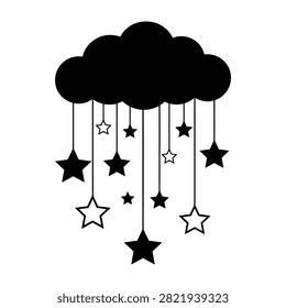 A black cloud silhouette with dangling stars of varying sizes and styles. This whimsical design features a magical atmosphere, perfect for dreamy and enchanting visual projects.