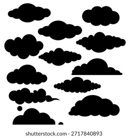 Formas negras de la silueta de la nube aisladas en el fondo blanco que representan el Clima, el cielo, y las condiciones atmosféricas.
