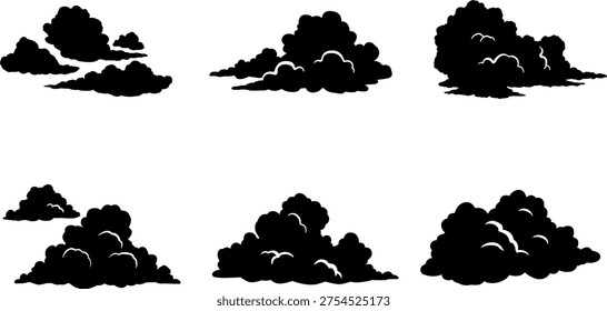 Black cloud silhouettes, stylized sky icons, fluffy and irregular cloud shapes, abstract weather symbols, storm cloud vector, atmospheric design elements, minimal nature illustration