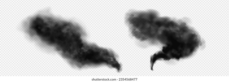 Black cloud smoke and ash swirl transparent isolated vector. Smog explosion tornado trail effect. Abstract realistic dark grey fog movement in atmosphere. 3d destruction fume or storm motion element