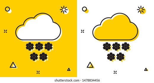 Black Cloud with snow icon isolated on yellow and white background. Cloud with snowflakes. Single weather icon. Snowing sign. Random dynamic shapes. Vector Illustration